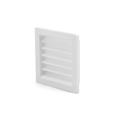 Nærbillede af en hvid plast murrist fra Fresh, 150x150mm, vist fra en let vinkel, der fremhæver dybden og lamellernes design.