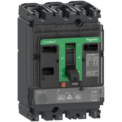 Detaljeret frontvisning af Schneider Electric ComPacT NSX160H maksimalafbryder med tydelig angivelse af MicroLogic 2.2 M, justeringsmuligheder og betjeningshåndtag.