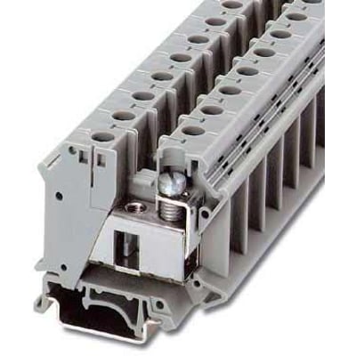 Phoenix Contact installationsklemme UIK 35 i grå plast med skruetilslutning, designet til 0,75-35 mm² ledere og montering på DIN-skinne.