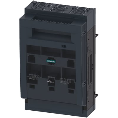 Siemens SENTRON 3-polet sikringsafbryder NH1, 250A, med 70mm dækplade og boks-terminaler. Synlig mærkning viser specifikationer.