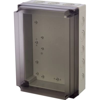 Fibox MNX montageboks i lys grå RAL 7035 med transparent dæksel af slagfast polycarbonat, der viser interiør og udbrudspunkter.