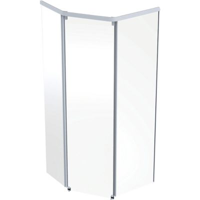 Vinkelbillede af Ifö Showerama frontelementet, fremviser rammen af klar aluminium og de gennemsigtige glaspaneler.