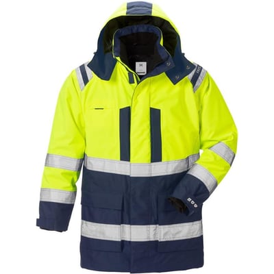 Fremviser en hi-vis gul og marineblå parkacoat i størrelse XS med reflekterende detaljer på ærmer og krop.