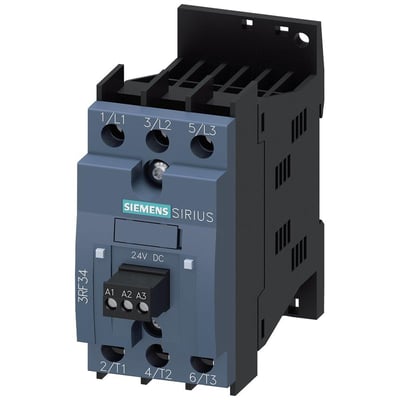 Siemens 3RF3 solid-state kontaktor med 5,4A strøm, 48-480V spænding og 230V styrespænding, tydeligt mærket med terminaler.