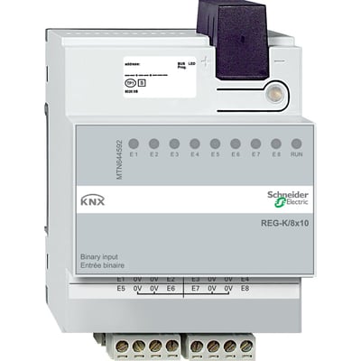 Schneider Electric KNX binær indgang REG-K/8x10 med otte indgange E1-E8 og RUN-indikator, monteret på DIN-skinne.