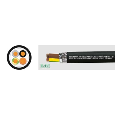 HELUKABEL TOPFLEX-EMV-UV-2YSLCYK-J 4x35 qmm motorforsyningskabel, vist med tværsnit og detaljer om opbygning samt godkendelser.
