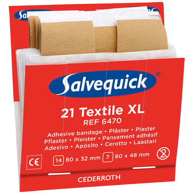 Refillpakke med Salvequick Textilplaster XL 6470, som indeholder 14 stk. 80 x 32 mm og 7 stk. 80 x 48 mm plastre.