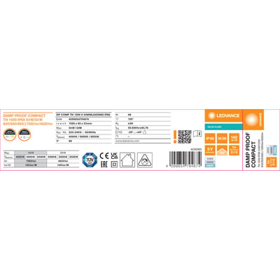 Produktetiket til Ledvance Damp Proof Compact LED-armatur med oplysninger om lumen, effekt, farvetemperatur og IP66.
