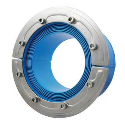 Roxtec RS 300-gennemføring med metalflange og blå kompressionsdel, designet til installation i runde huller.