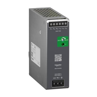 Schneider Electric Modicon ABLS Optimized strømforsyning, 1-faset 24 V og 5 A, set skråt forfra med tilslutninger.