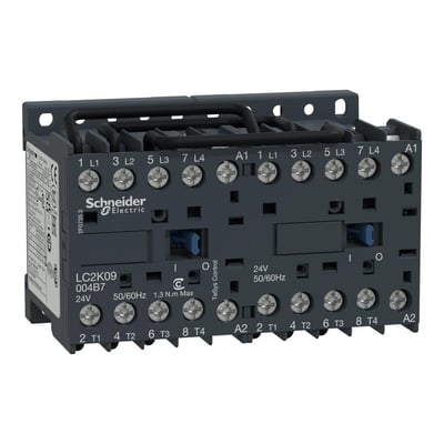 Schneider Electric revers kontaktor, LC2K09004B7, 9A, 48VAC, med 4NO kontakter, tydeligt mærket med betegnelser og specifikationer.