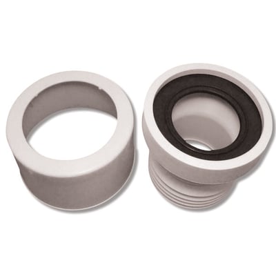 Excentrisk toilettilslutning på 20 mm med muffeskjuler og gummipakning, vist i to dele.