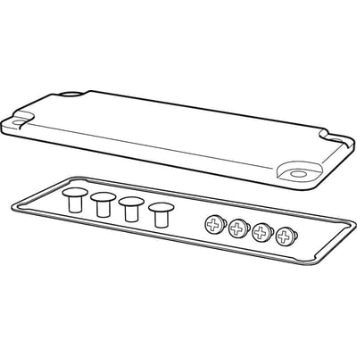 Detaljeret tegning af Fibox EK MODUL blindflange i grå polycarbonat, inklusiv pakning og monteringsskruer for størrelse 3.