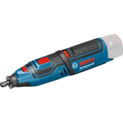 Detaljeret billede af Bosch GRO 12V-35 Professional akku-rotationsværktøj, der viser kontrolknapper og mærkning på den blå krop med en grå batteriindikator.