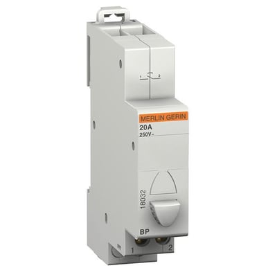 Trykkontakt fra Merlin Gerin, 20A, 250V, med tydelig markering for impulsstyring og en grå betjeningsknap.