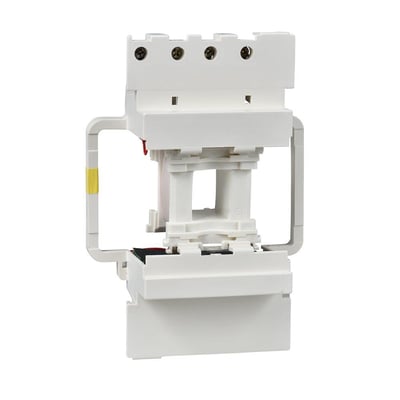 Detaljeret billede af Schneider Electric TeSys D spole LX1D8, der viser de hvide plastkomponenter og monteringsbeslag.