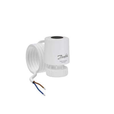 Hvid Danfoss TWA-Q termoaktuator med 1,2m kabel snoet til siden, viser en del af dens design.