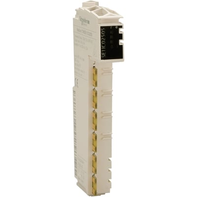 Schneider Electric Modicon TM5 HSC-modul med 100 KHz og 2 HSC input på hvid baggrund, viser produktets side med terminaler og mærkning.