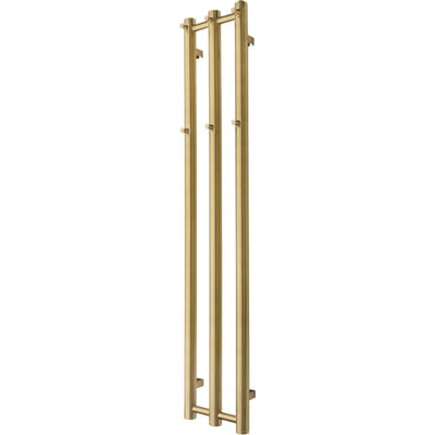 TVS Plus 3 vandbåren håndklædetørrer i børstet guld med 3 runde lodrette rør og 6 integrerede kroge.