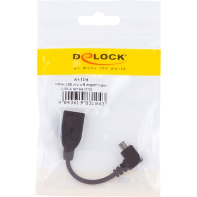Delock sort vinklet OTG-kabel med Micro USB-B-hanstik og USB-A-hunstik ses i mærket emballage.