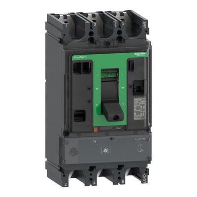 Schneider Electric ComPacT NSX630H maksimalafbryder set fra siden med synlige terminaler mærket 'LINE' og 'LOAD', samt tydelig mærkning af 500A og MicroLogic 1.3 M.