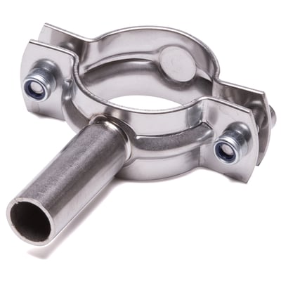 Rørholder med kort skaft i rustfrit stål 304, egnet til rør Ø12-13mm, med strammebånd og bolte.