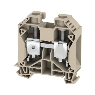 Weidmüller gennemgangsklemme med skrueforbindelse, mørk beige til 35 mm² og 125 A, set skråt forfra med synlige metaldele.