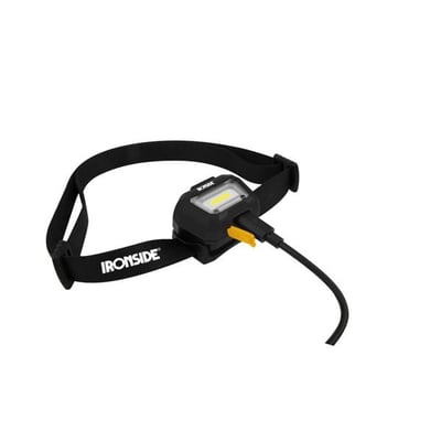 Sort Ironside genopladelig pandelampe med bevægelsessensor og 200 lm, vist med ladekabel tilsluttet.