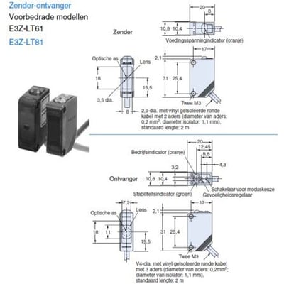 Omron E3Z-LT81 fotocellesensor med rektangulært hus og 2 meter kabel, vist sammen med tekniske diagrammer for sender og modtager.