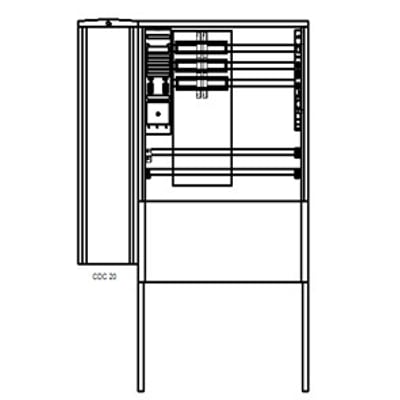 ABB distributionsskab til ladestandere, model EV SDC 20/673-2-M, med 630A skinnesystem og måletrafo-felt. Dette tekniske diagram viser kabinettets interne komponenter.