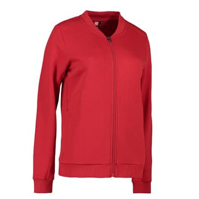 ID Identity Pro wear cardigan til damer i rød, XS, med ribkant ved kraven, ærmer og bund samt fuld lynlås.