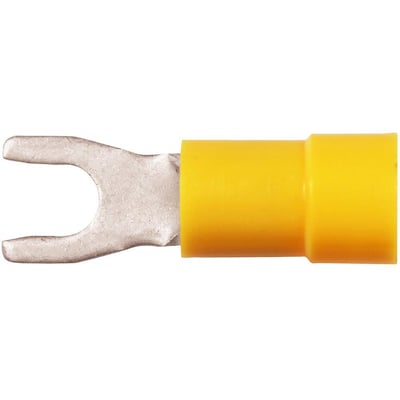 Nærbillede af en gul Elpress gaffelkabelsko til 4-6mm² kabel, der viser den fortinnede kobbergaffel og den gule isolering.