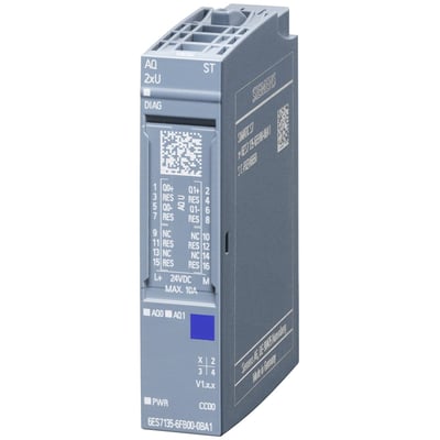 Siemens SIMATIC ET 200SP analog output modul AQ 2xU standard, med detaljeret mærkning for tilslutninger og diagnose, fremstillet i Tyskland.