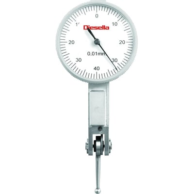Diesella vippeindikator med hvid urskive, 16 mm vippearm og 0,01 mm aflæsning, med Diesella logo synligt.