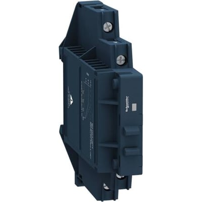 Schneider Electric solid state relæ til DIN-skinne, 1 fase, 12A og 24VDC i mørkeblå plast med synlige skruer til montering.