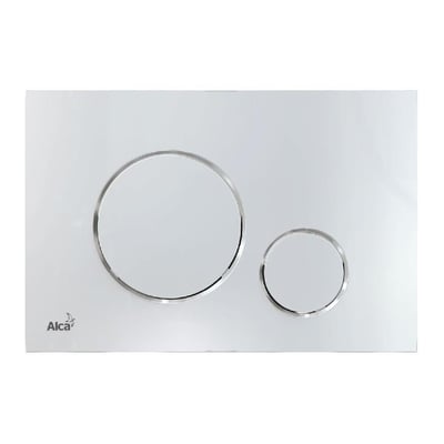 Nærbillede af Alca M671 tynd betjeningsplade i blank krom plast, viser de to cirkulære trykknapper med krom kant.