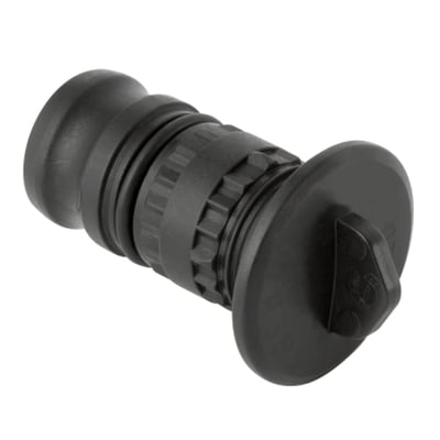 Sort Geberit Mepla-slutmuffe til rør i paneler, Ø 16 mm, set skråt med brede endeflanger og rillet midterdel.