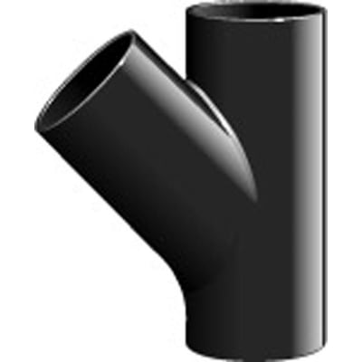 Sort 45 graders grenrør MA med dimensioner 110mm til 75mm, fremstillet af støbejern med epoxy coating.