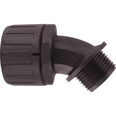 HellermannTyton sort PA66 forskruning med 45 graders vinkeltilslutning og udvendigt gevind på 34-45mm.