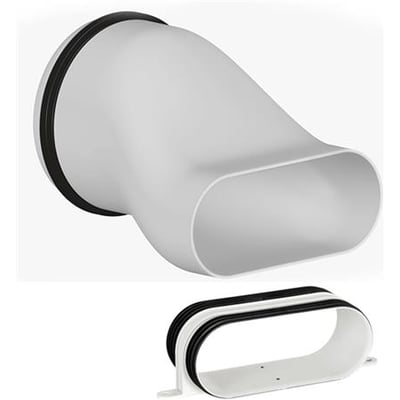 Dantherm oval kanaladapter til RCV320, Ø125 mm, hvid med sort tætningsring, vist sammen med et separat ovalt monteringsbeslag.