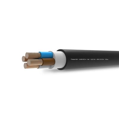 Kabel 4x6 RZ1-K flex med fire ledere i sort kappe og CPR klasse B2ca, vist med isoleringsfarver blå, brun, sort og grå.