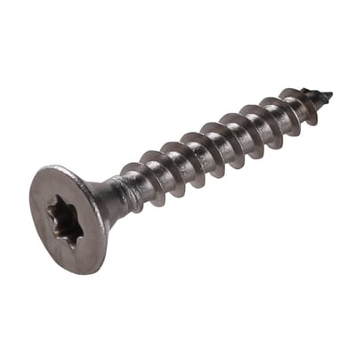 Spånpladeskrue 5,0 x 30 mm i A2 rustfrit stål med undersænket hoved og TX25 kærv, vist isoleret på hvid baggrund.