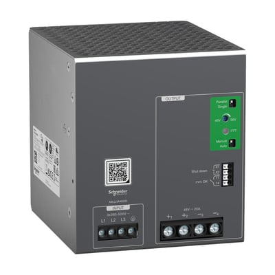 Schneider Electric Modicon strømforsyning ABLU med 48V udgang, 20A og 960W, egnet til 380-500V AC input.