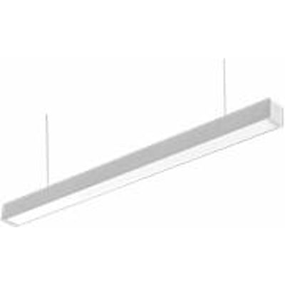 Opple Ledlima ophængssæt til Lima vises monteret på en lang, slank lineær lampe med tynde ophængskabler.