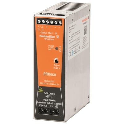 Weidmüller Pro Eco strømforsyning 72W, 12VDC, 6A med justerbar udgang og klar labelinformation.