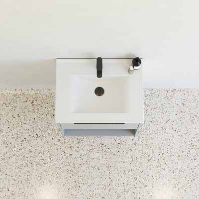 Top view af Dansani Mido møbelpakke, 61 cm, med stribet blå mat skuffe og hvid vask med sort armatur.