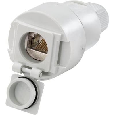 Weidmüller tilslutningsstik IE-C-IP67 i lys grå PA CAT 6 med åben klap og synlig RJ45/IDC7-port.