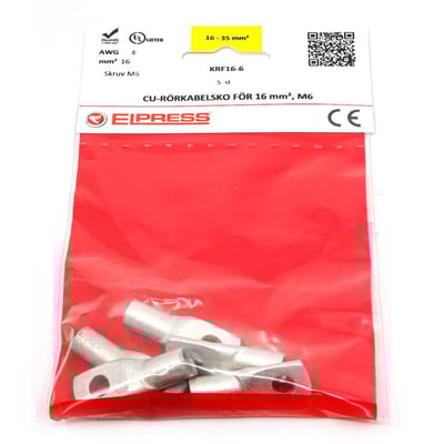 Elpress KRF16-6 cu kabelsko til 16mm² ledere med M6 laske, sælges i pose med 5 stk. på rød baggrund.