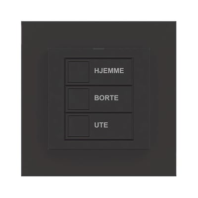 Mat sort mTouch sparekontakt med tre knapper mærket "HJEMME", "BORTE" og "UTE", monteret på en mørk ramme.