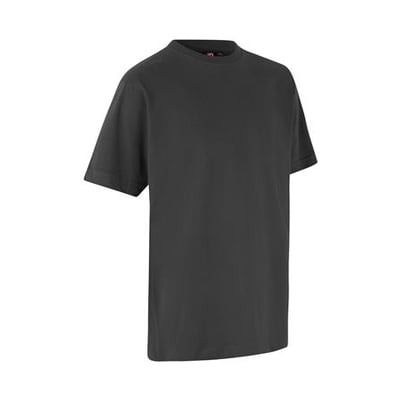 ID Identity børne T-shirt i koksgrå, str. 8/10, med rund hals og ribkant, vist forfra på hvid baggrund.
